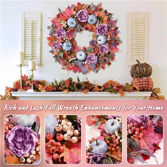 20" Autumn Wreath with‎ Silk Peony Maple Leaf & Pumpkin, Handcrafted with Lights - Picture 3 of 6